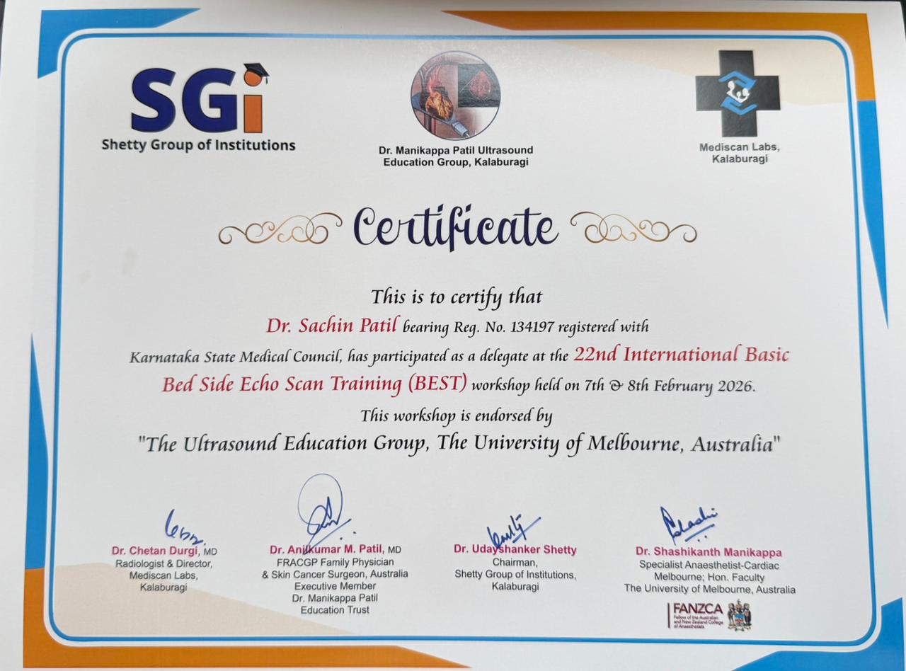 Dr. Sachin Patil completed the 22nd International Basic Bedside Echo Scan Training (BEST), endorsed by the University of Melbourne, Australia.