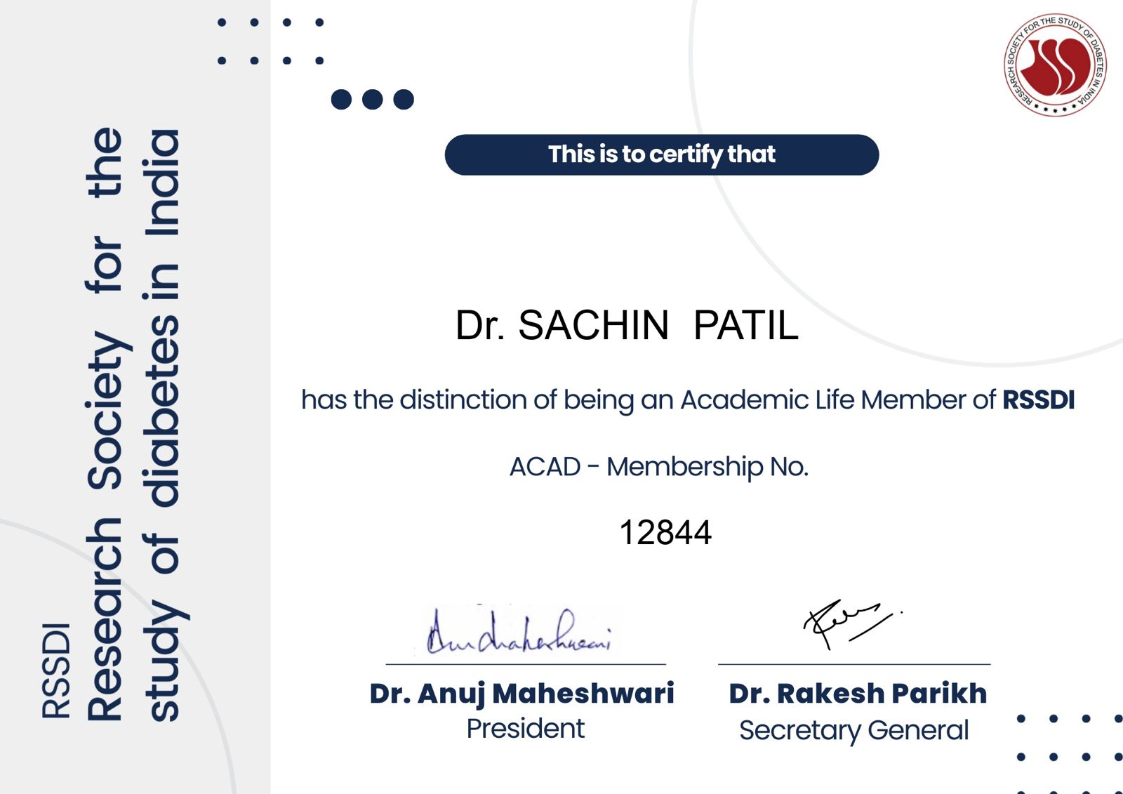 RSSDI memership of Sachin Patil